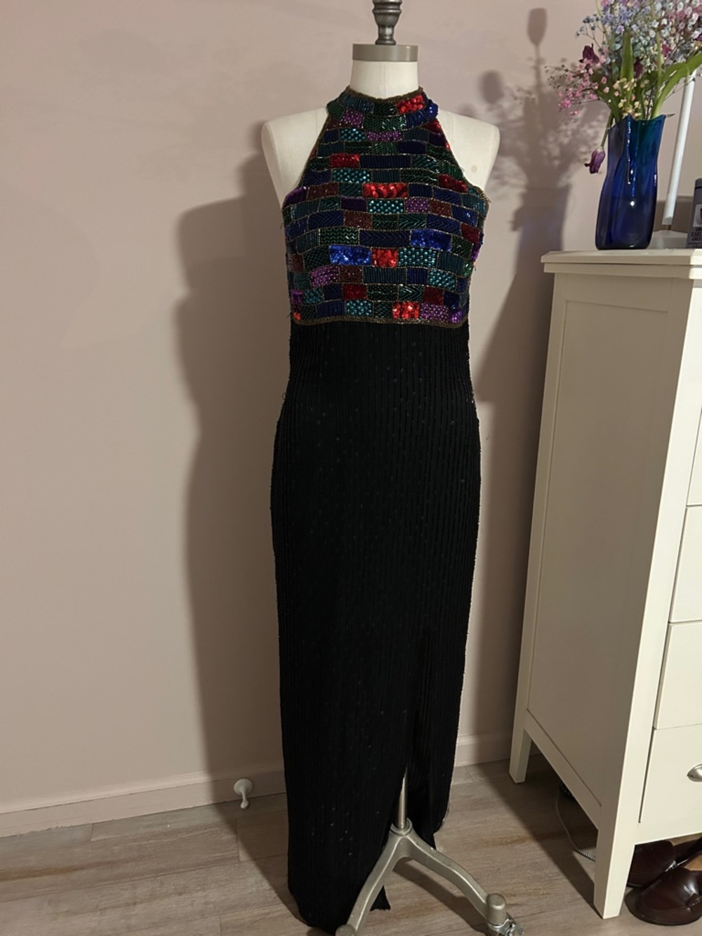VTG Scala Beaded Halter Black Evening Dress with Multicolor Sequin Bodice